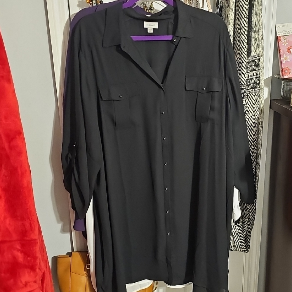 Black Button-Up Shirt with Purple Accents